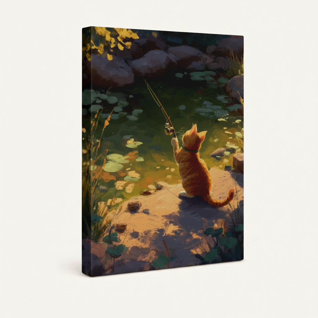 Gallery wrapped canvas side view of orange cat fishing by glowing pond artwork