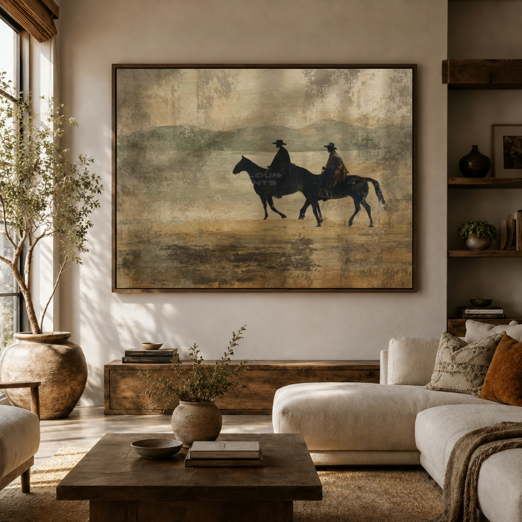 Vintage western cowboys canvas wall art displayed in a modern living room with floor-to-ceiling windows