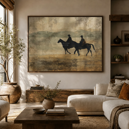 Vintage western cowboys canvas wall art displayed in a modern living room with floor-to-ceiling windows