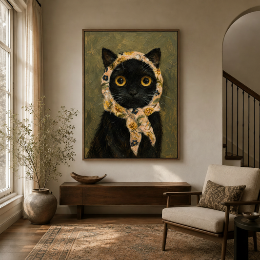 Vintage-style black cat canvas art with floral headscarf displayed in a bright transitional entryway