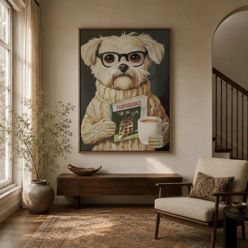 Intellectual dog portrait in natural wood frame hung in a neutral entryway with walnut console