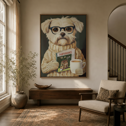 Intellectual dog portrait in natural wood frame hung in a neutral entryway with walnut console