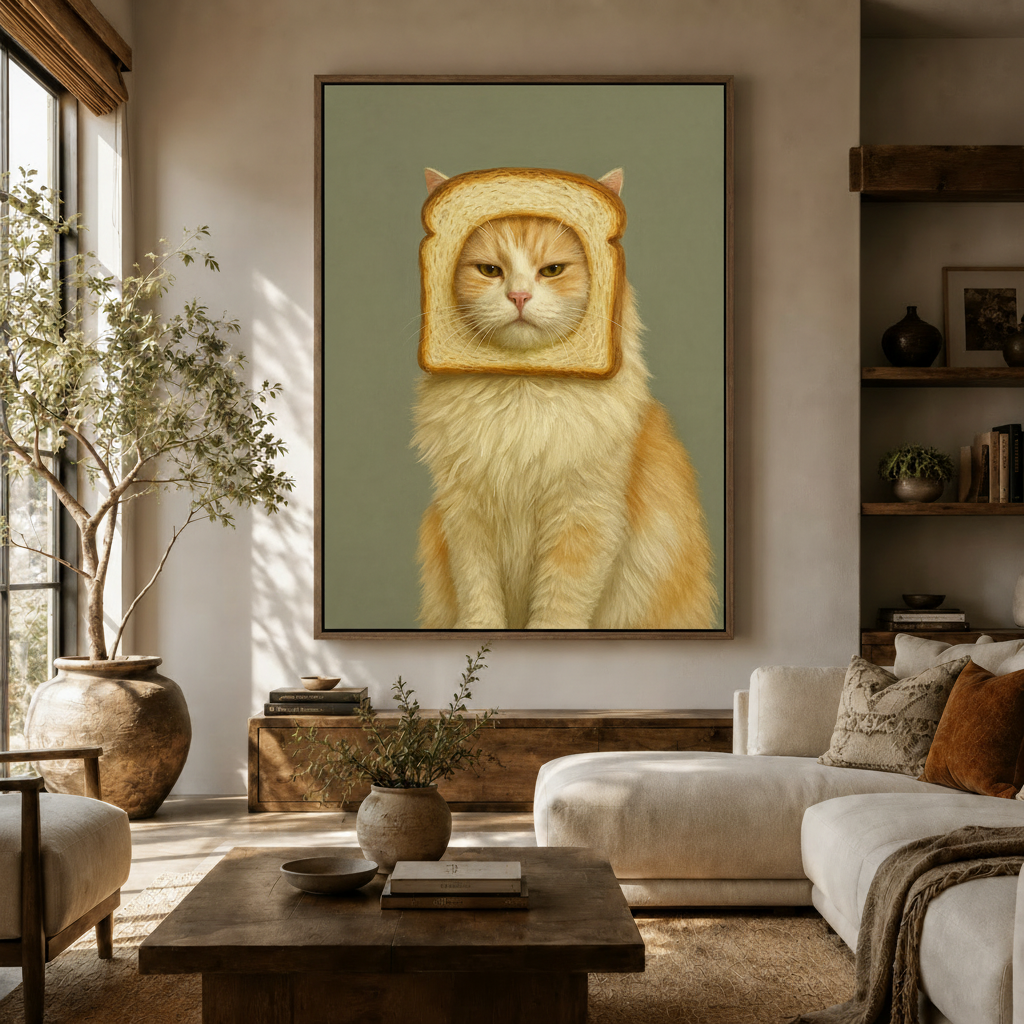 Bread cat oil painting framed canvas print in modern living room setting