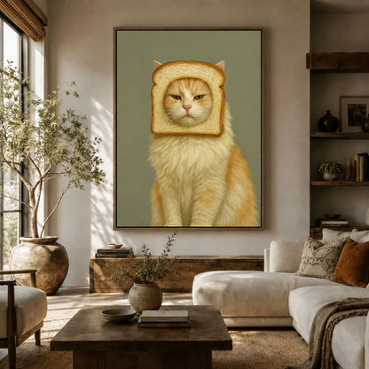 Bread cat oil painting framed canvas print in modern living room setting