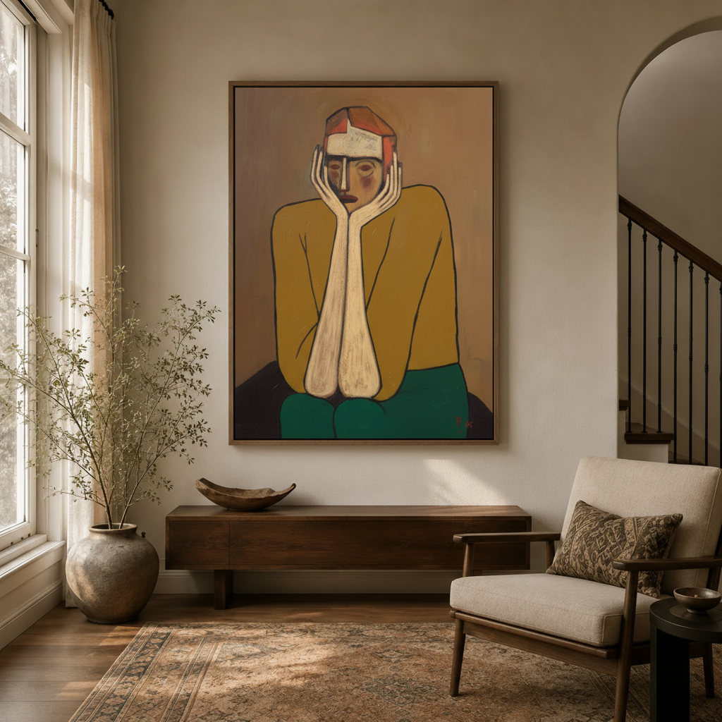 Contemplative figure in mustard yellow expressionist canvas print in dark walnut floating frame in modern entryway