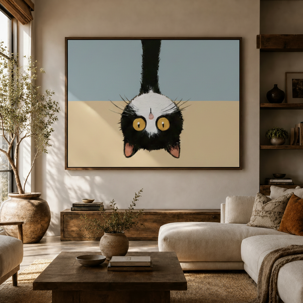 Funny illustrated cat wall art with amber eyes above a neutral-toned sofa in a cozy living room
