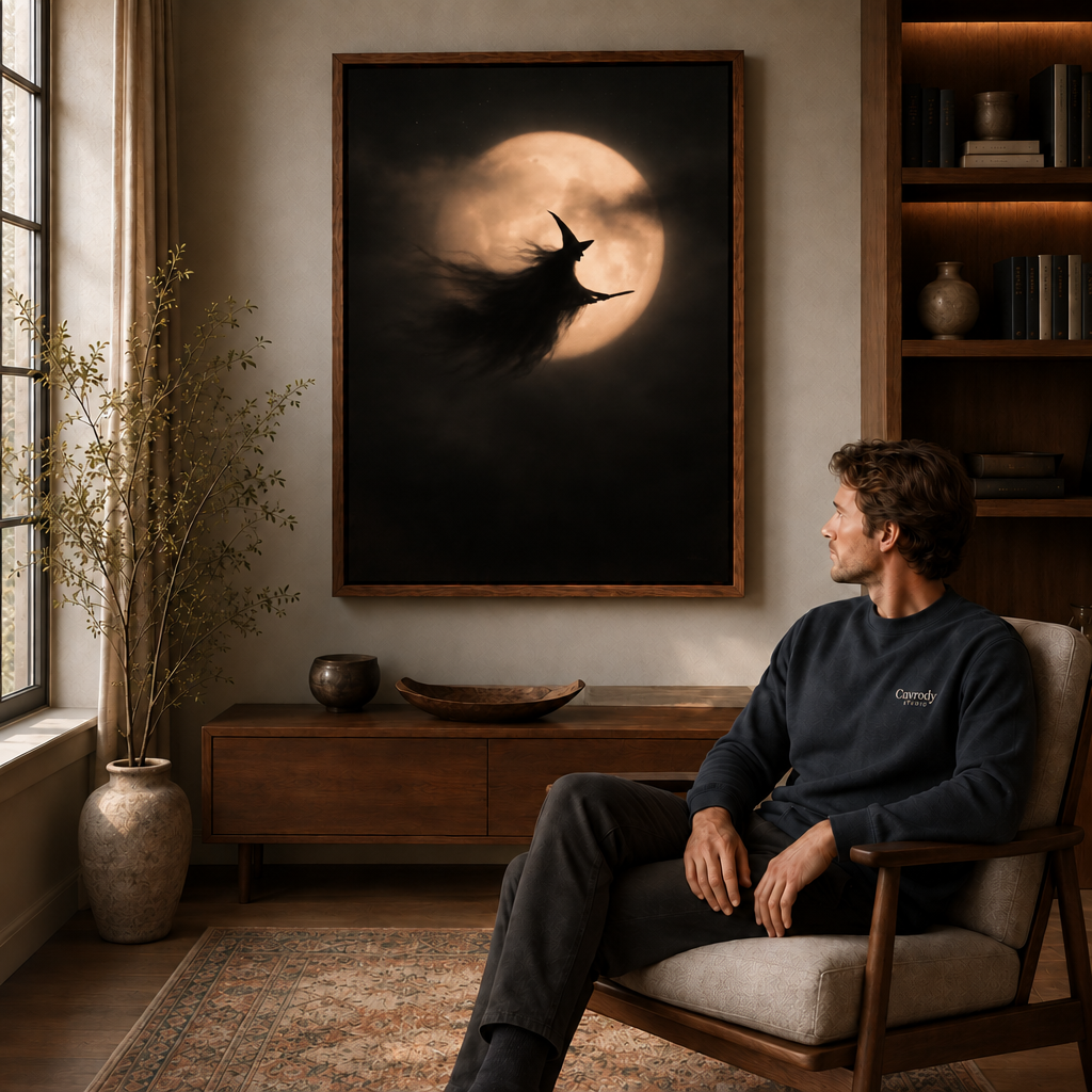 Flying witch full moon wall art displayed above a wood cabinet beside a seated man.