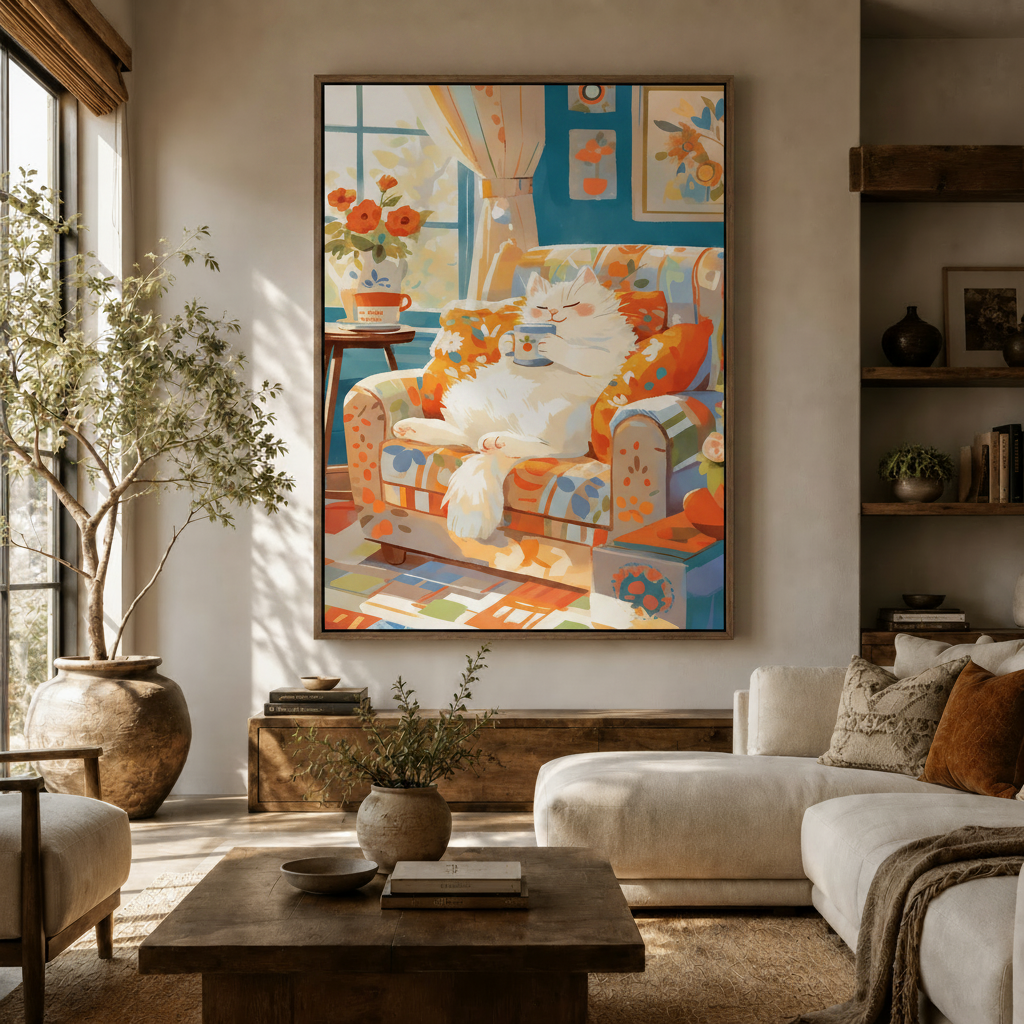 Japanese style cat coffee canvas print in dark walnut frame displayed in bright modern living room