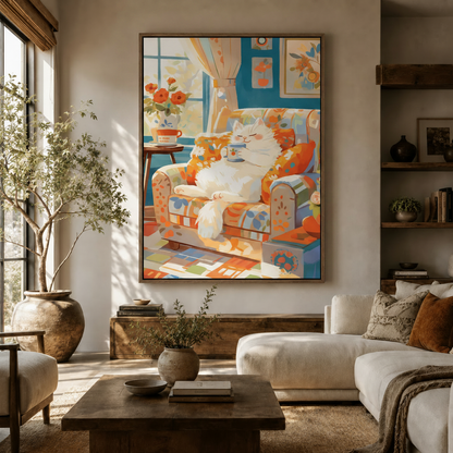 Japanese style cat coffee canvas print in dark walnut frame displayed in bright modern living room