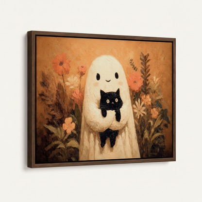 Framed ghost black cat impasto canvas print dark walnut float frame angled 3/4 product mockup view