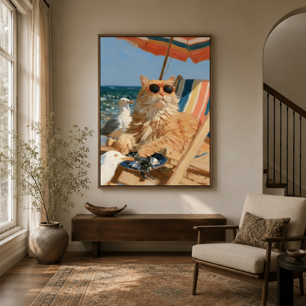 Whimsical beach cat canvas in float frame above dark wood console table in warm transitional entryway