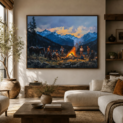 Large cowboys campfire canvas wall art in float frame hung above white boucle sofa in modern organic living room