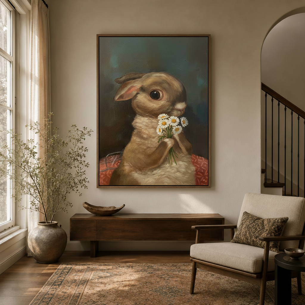Brown rabbit holding white daisy bouquet oil painting canvas in dark walnut floating frame in modern entryway
