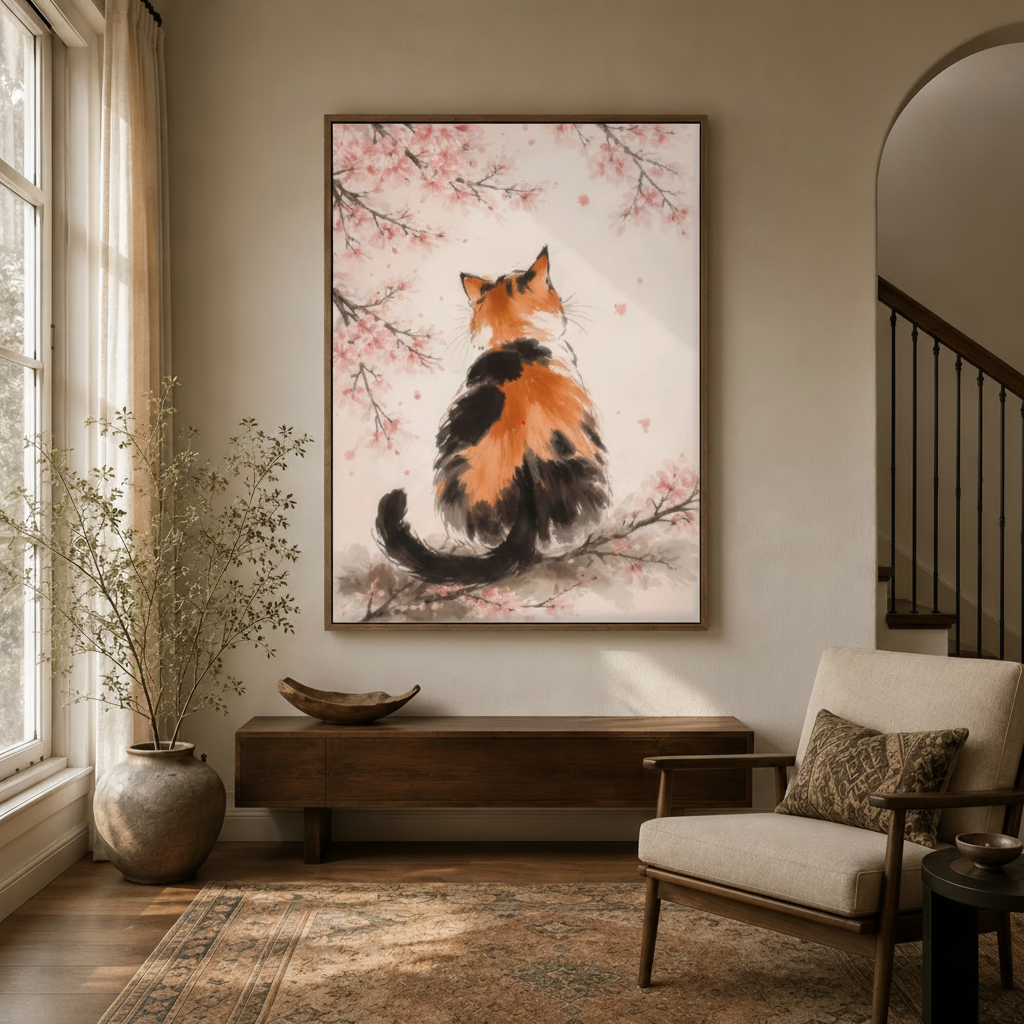 Framed calico cat and cherry blossom canvas print hanging in a bright modern entryway