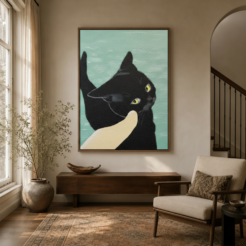 Funny black cat canvas wall art with pointing finger in wood frame displayed in warm neutral entryway