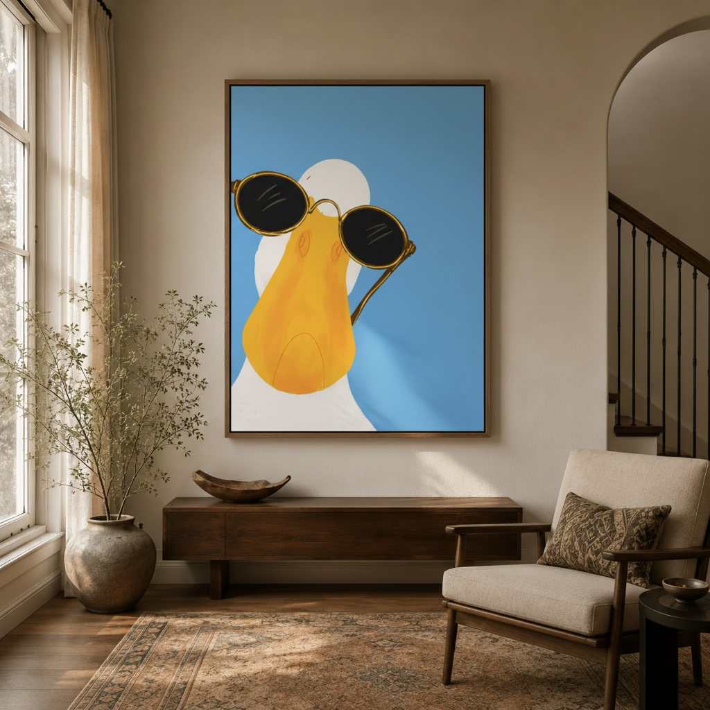 Bold pop-art duck canvas print hanging in entryway hallway above dark wood console table