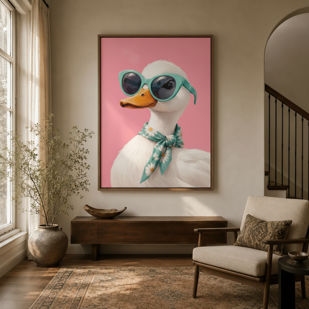 Stylish duck in cat-eye glasses wall art in natural wood frame hung in a neutral entryway