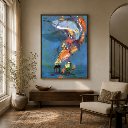 Surrealist man and gramophone sea creatures illustration canvas print in walnut frame in modern entryway with arched doorway
