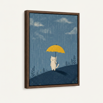 Charming white cat yellow umbrella hand-drawn rainy canvas in wide dark walnut float frame, 3/4 portrait angle