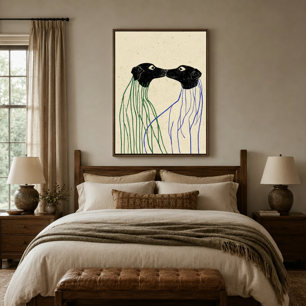 Abstract dog canvas wall art displayed above a wooden bed frame in a warm neutral bedroom