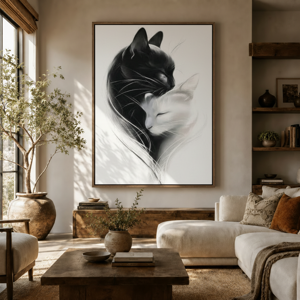 Black and white cat canvas art hanging in a boho living room with olive tree and cream sofa