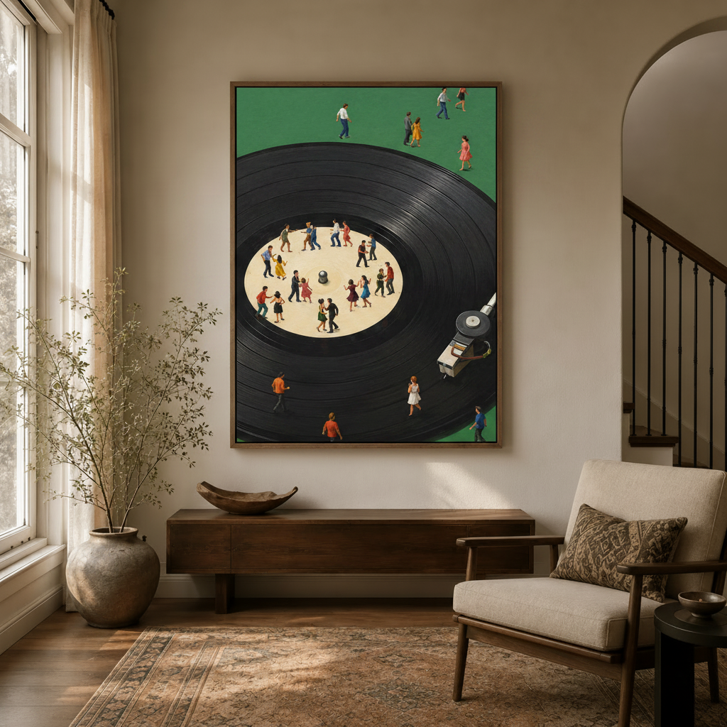 Surrealist vinyl record wall art displayed in warm neutral entryway beside staircase and linen armchair with arched doorway