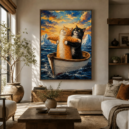 Funny hugging cats framed wall art styled in a bright modern living room with white sofa and olive tree