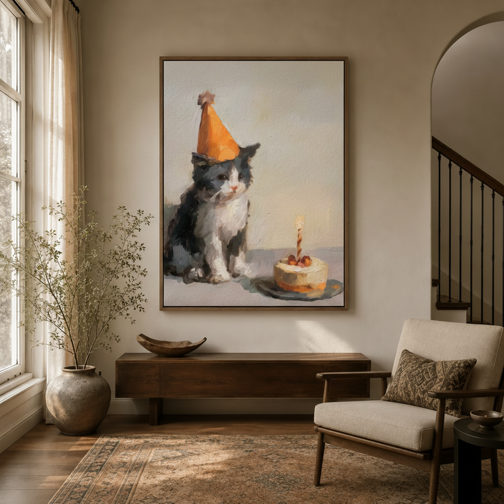 Whimsical kitten party hat canvas art hanging in a cozy modern entryway with terracotta décor