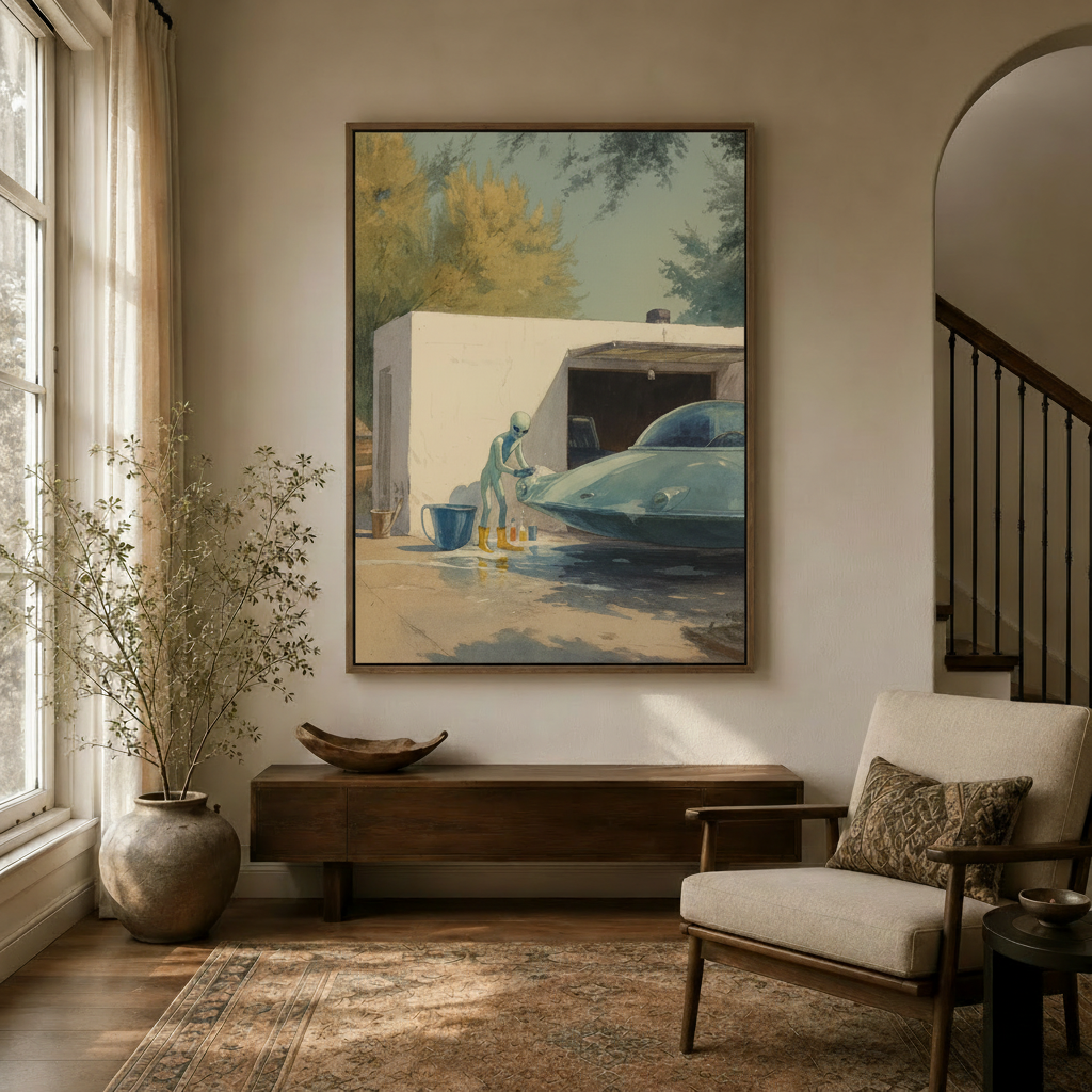 Funny alien washing UFO watercolor canvas print in dark walnut frame displayed in modern entryway with arched doorway