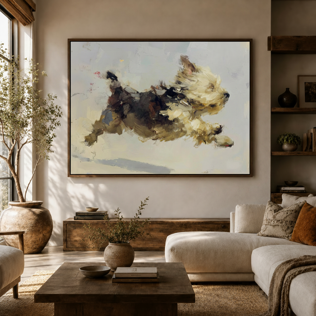 Terrier dog oil painting canvas wall art hung in bright living room with white sofa and olive tree