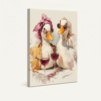 Gallery wrapped canvas side view of whimsical duck wine art