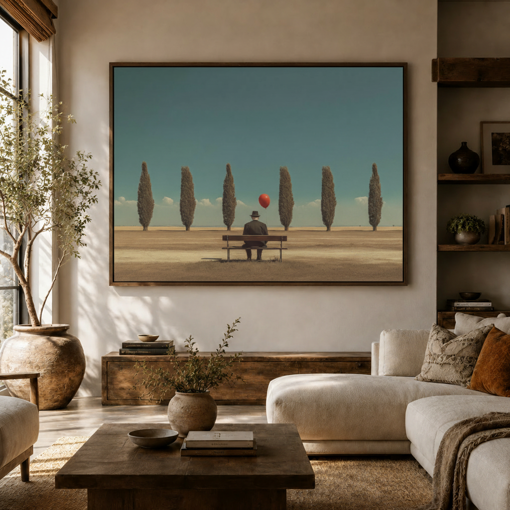 Large framed surrealist figurative canvas above sofa in a cozy neutral living room