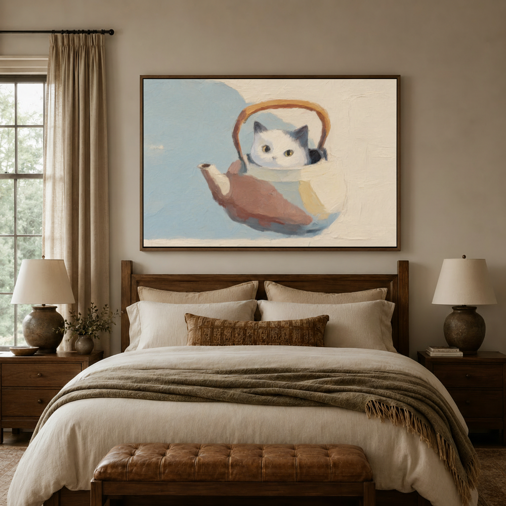Cat in teapot impressionist wall art print styled above a linen bed in a warm farmhouse bedroom