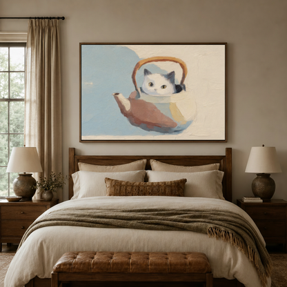 Cat in teapot impressionist wall art print styled above a linen bed in a warm farmhouse bedroom
