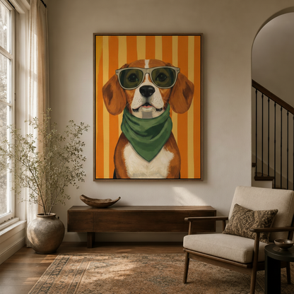 Funny dog with sunglasses pop art canvas wall art displayed in bright modern entryway
