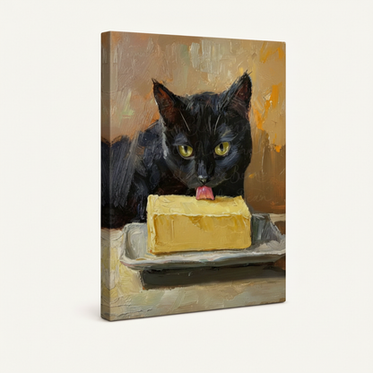 Gallery wrapped canvas side view of mischievous black cat butter artwork