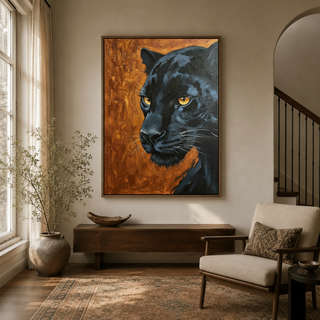 Realistic black panther amber eyes canvas print in dark walnut floating frame in modern entryway with arched doorway