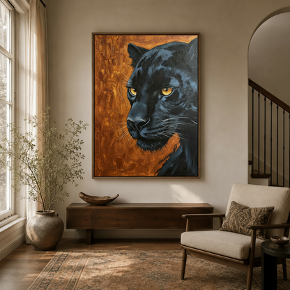 Realistic black panther amber eyes canvas print in dark walnut floating frame in modern entryway with arched doorway