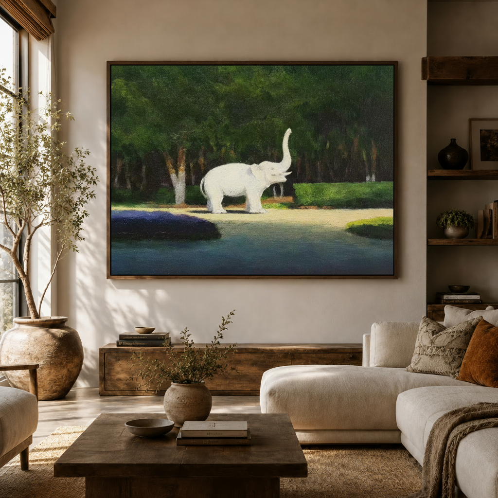 White elephant nature oil painting canvas displayed above a wooden console in a warm neutral entryway