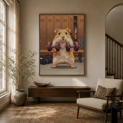 Gym hamster canvas print displayed in a warm modern living room entryway beside a staircase