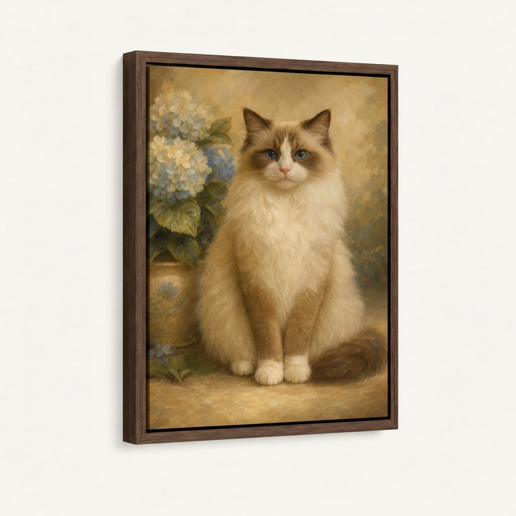Fluffy cream Ragdoll cat with blue hydrangeas classical canvas in wide dark walnut float frame, 3/4 angle