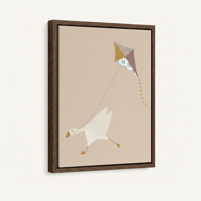 Goose kite warm beige minimalist canvas in wide dark walnut float frame, 3/4 portrait angle product view