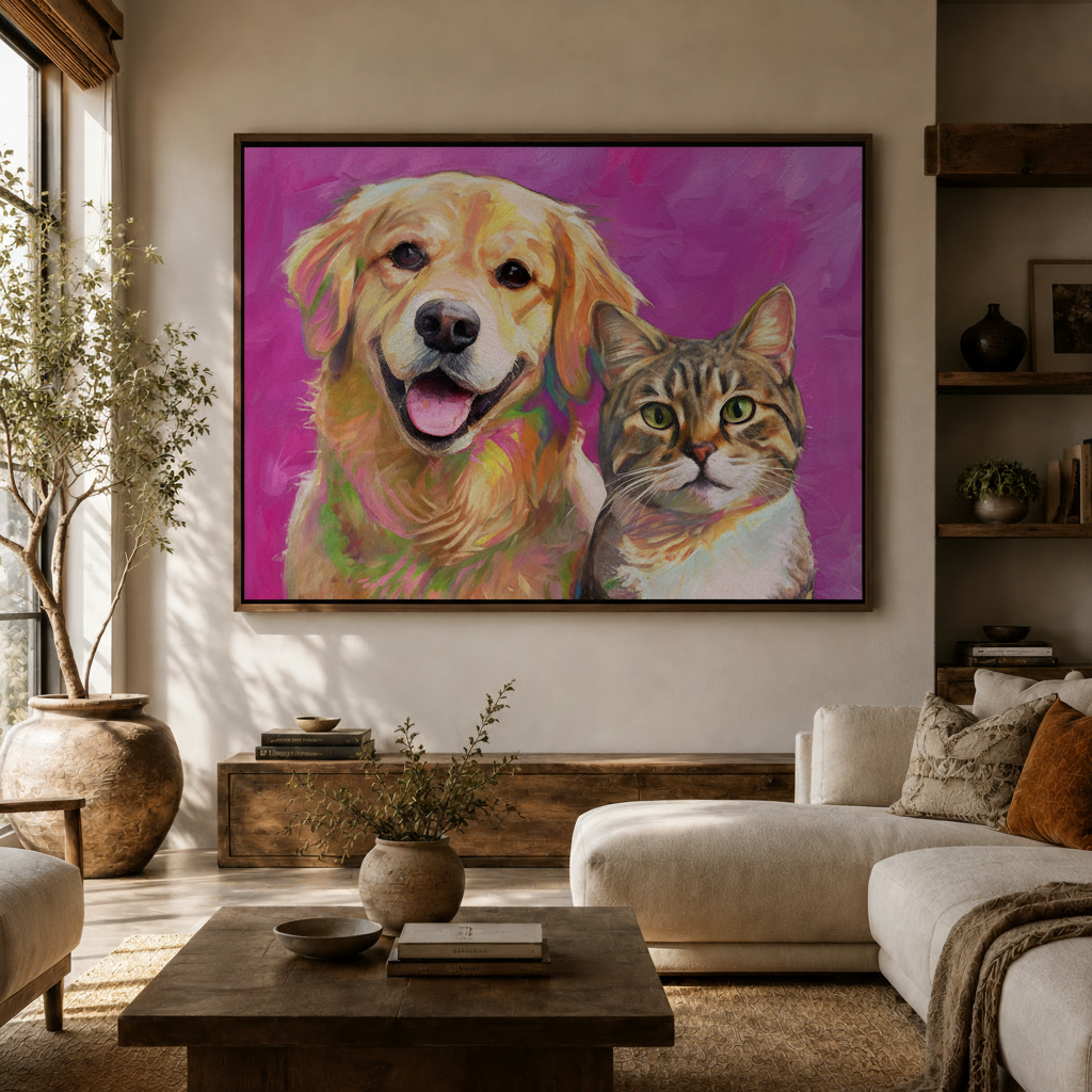 Vibrant pet portrait canvas wall art hung in bright living room with olive tree and white sofa