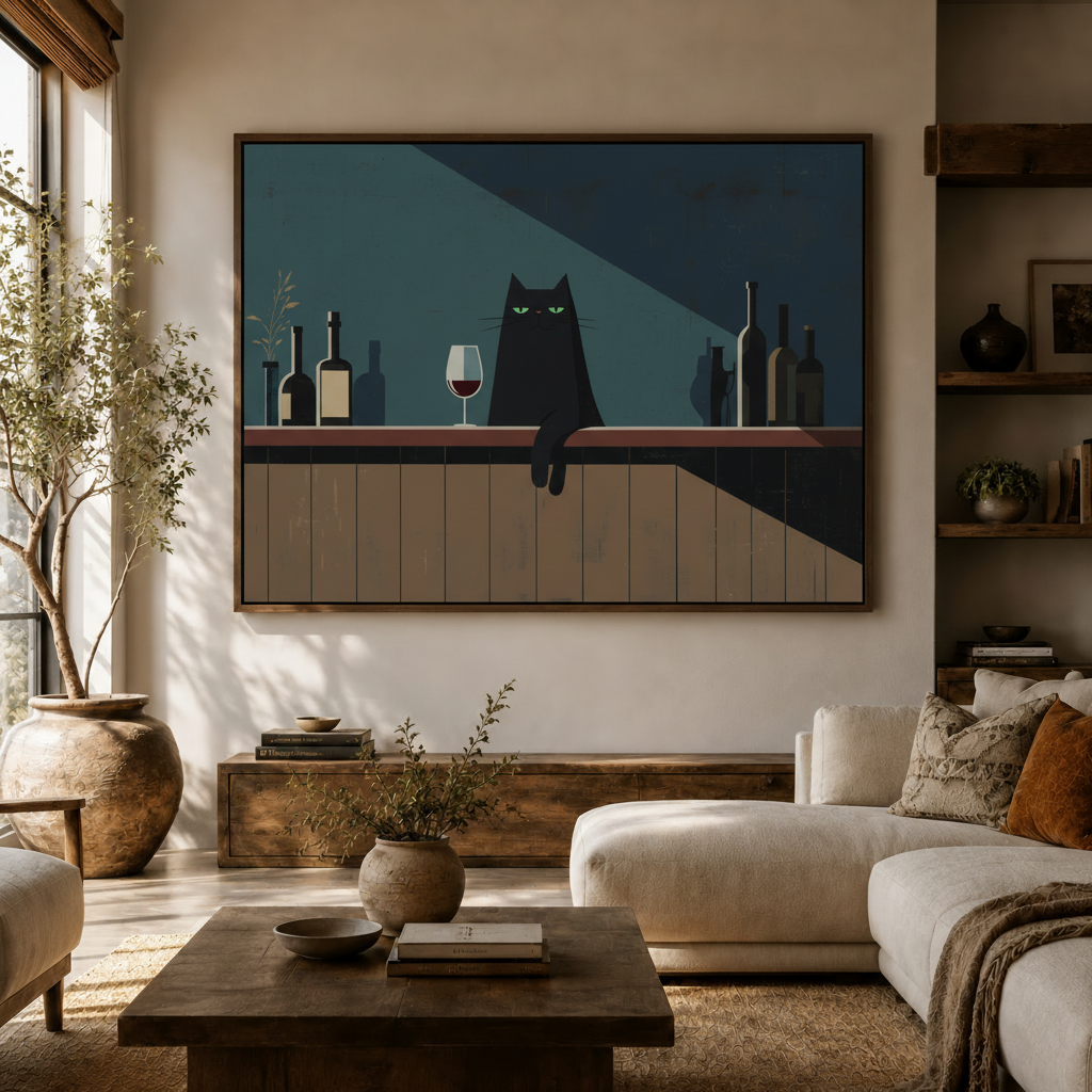 Moody black cat illustration framed canvas above console in bright modern living room interior