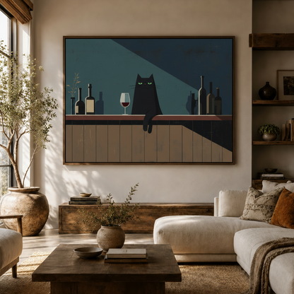 Moody black cat illustration framed canvas above console in bright modern living room interior