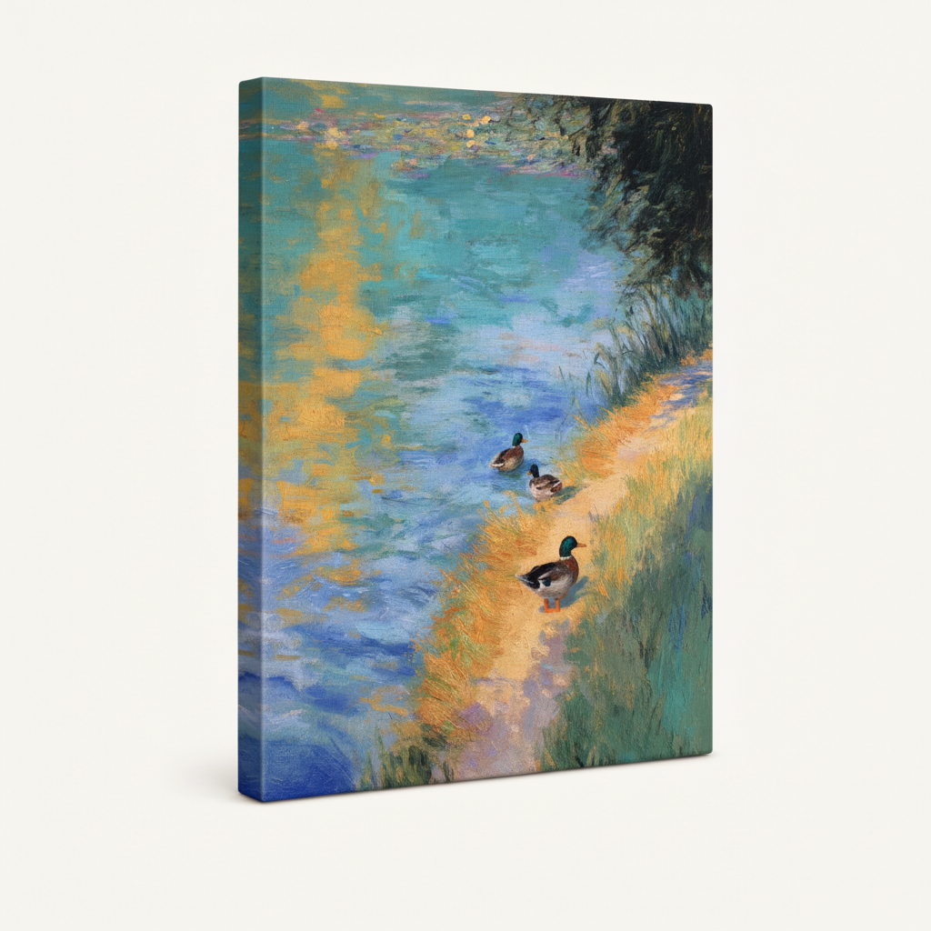 Gallery-wrapped mallard duck turquoise river canvas, 3/4 left-tilt view showing dark wrap edges