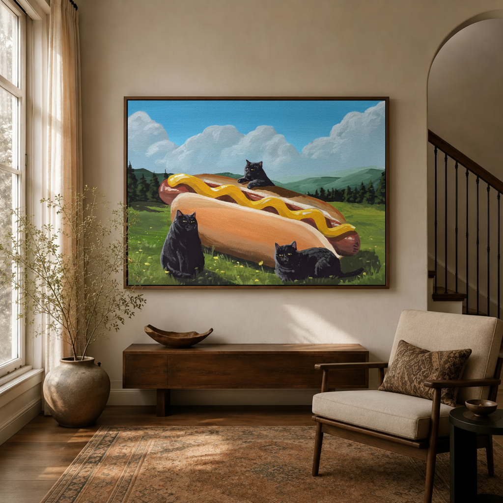 Black cat and giant hot dog wall art in a cozy neutral living room