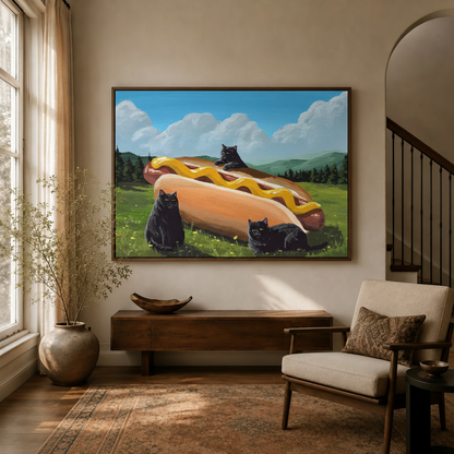 Black cat and giant hot dog wall art in a cozy neutral living room
