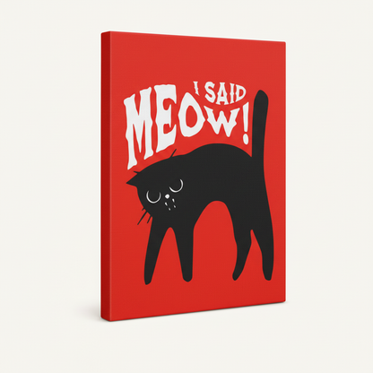 Gallery-wrapped black cat red background pop art canvas with red wrap sides on off-white background