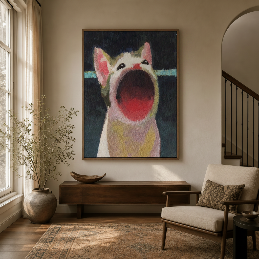Funny screaming cat wall art in natural wood frame hung in a neutral entryway with console and chair